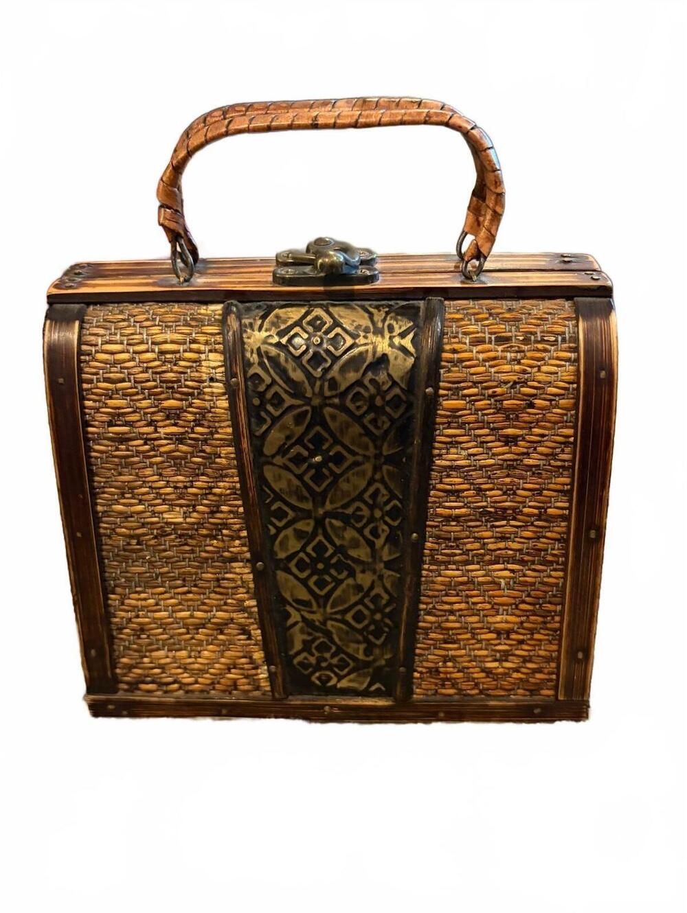 Vintage wooden box purse with woven panels